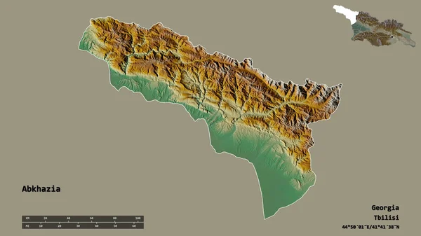 ジョージア自治共和国アブハジアの形で その首都はしっかりとした背景に隔離されています 距離スケール リージョンプレビュー およびラベル 地形図 3Dレンダリング — ストック写真