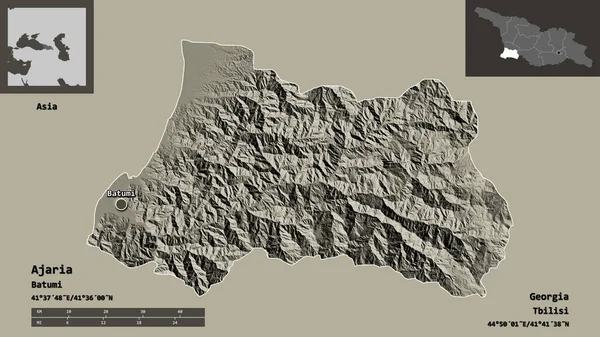 阿扎尔的形状 格鲁吉亚自治共和国及其首都 距离刻度 预览和标签 彩色高程图 3D渲染 — 图库照片