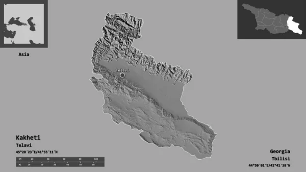 カヘティの形 ジョージア州の地域 およびその首都 距離スケール プレビューおよびラベル 標高マップ 3Dレンダリング — ストック写真
