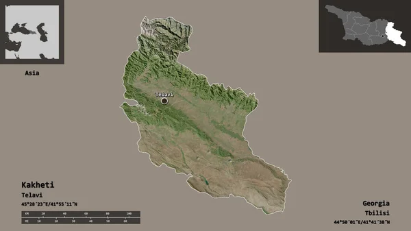 格鲁吉亚地区Kakheti的形状及其首都 距离刻度 预览和标签 卫星图像 3D渲染 — 图库照片