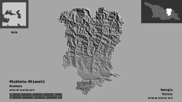格鲁吉亚Mtskheta Mtianeti的形状及其首都 距离刻度 预览和标签 Bilevel高程图 3D渲染 — 图库照片