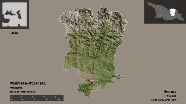 ジョージア州とその首都の地域であるマツヘタ ムティアネティ山の形 距離スケール プレビューおよびラベル 衛星画像 3Dレンダリング — ストック写真