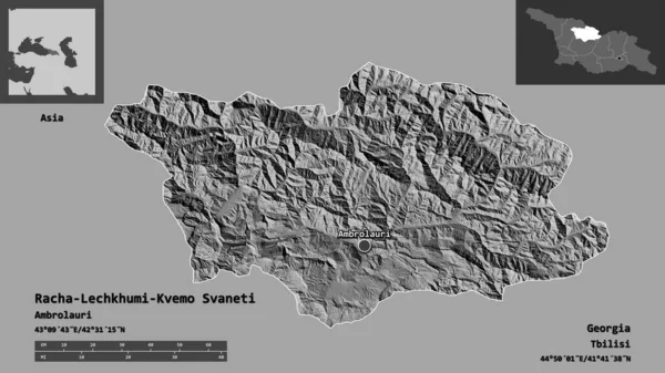 格鲁吉亚地区Racha Lechkp Org Kvemo Svaneti的形状及其首都 距离刻度 预览和标签 Bilevel高程图 3D渲染 — 图库照片