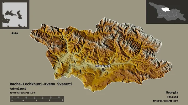 格鲁吉亚地区Racha Lechkp Org Kvemo Svaneti的形状及其首都 距离刻度 预览和标签 地形浮雕图 3D渲染 — 图库照片