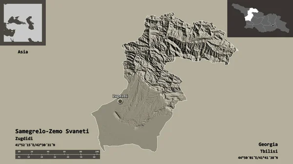 サメグレロ スヴァネティの形 ジョージア州とその首都 距離スケール プレビューおよびラベル 色の標高マップ 3Dレンダリング — ストック写真