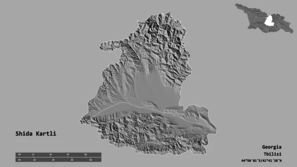 格鲁吉亚地区Shida Kartli的形状 其首都在坚实的背景下孤立 距离尺度 区域预览和标签 Bilevel高程图 3D渲染 — 图库照片