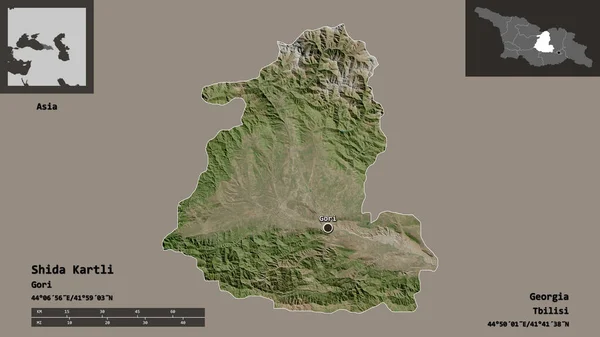 格鲁吉亚地区Shida Kartli的形状及其首都 距离刻度 预览和标签 卫星图像 3D渲染 — 图库照片