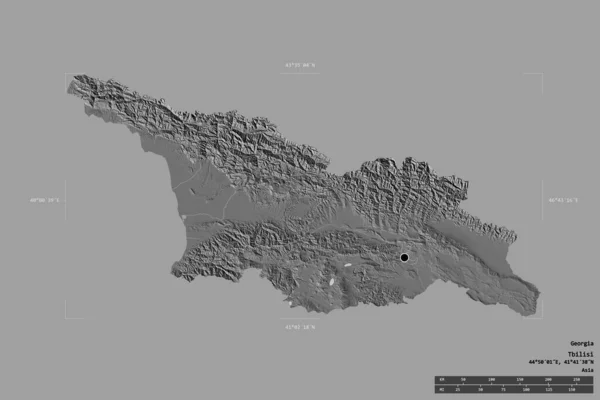 ジョージア州の地域は 洗練された境界の箱の中の強固な背景に隔離されました 主な地域部門 距離スケール ラベル 標高マップ 3Dレンダリング — ストック写真