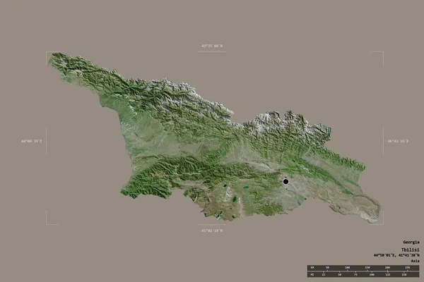 ジョージア州の地域は 洗練された境界の箱の中の強固な背景に隔離されました 主な地域部門 距離スケール ラベル 衛星画像 3Dレンダリング — ストック写真