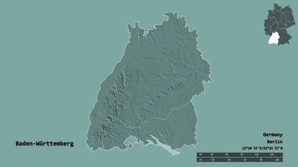 ドイツのバーデン ヴュルテンベルク州の形で その首都はしっかりとした背景に隔離されています 距離スケール リージョンプレビュー およびラベル 色の標高マップ 3Dレンダリング — ストック写真