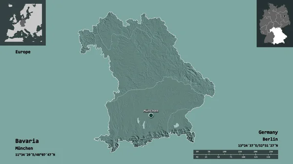 バイエルン州 ドイツの州 およびその首都の形 距離スケール プレビューおよびラベル 色の標高マップ 3Dレンダリング — ストック写真