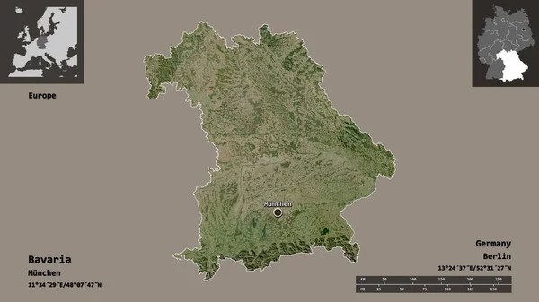 巴伐利亚的形状 德国的州 及其首都 距离刻度 预览和标签 卫星图像 3D渲染 — 图库照片