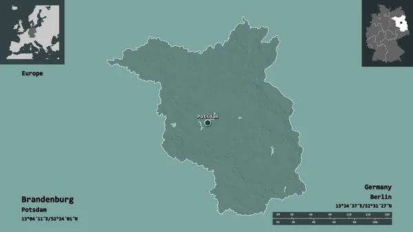 勃兰登堡的形状 德国的州 及其首都 距离刻度 预览和标签 彩色高程图 3D渲染 — 图库照片