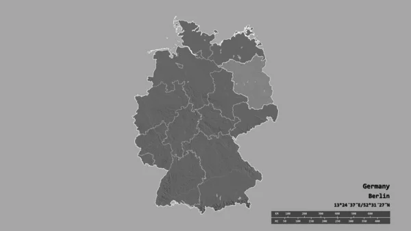 主要な地域部門と分離されたブランデンブルク地域とドイツの荒廃した形状 ラベル 標高マップ 3Dレンダリング — ストック写真