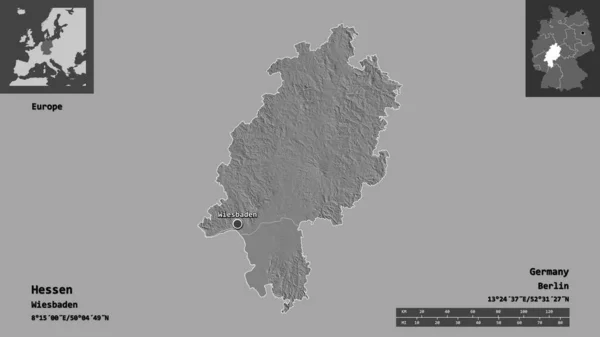 ヘッセン州 ドイツの州 およびその首都の形 距離スケール プレビューおよびラベル 標高マップ 3Dレンダリング — ストック写真