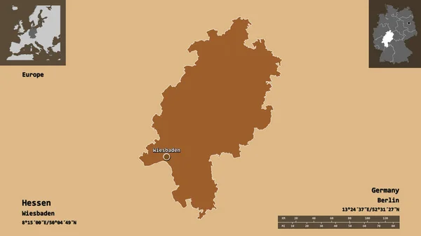 黑森的形状 德国的州 和它的首都 距离刻度 预览和标签 图形纹理的组成 3D渲染 — 图库照片
