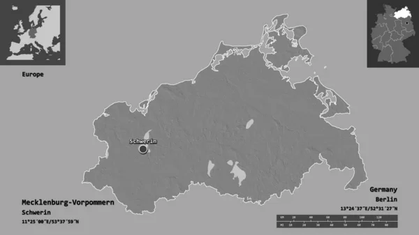 Form Mecklenburg Vorpommern Delstaten Tyskland Och Dess Huvudstad Avståndsskala Förhandsvisningar — Stockfoto