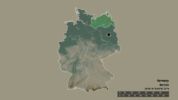 主要な地域部門と分離メクレンブルク フォアポンメルン地域とドイツの荒廃した形状 ラベル 地形図 3Dレンダリング — ストック写真