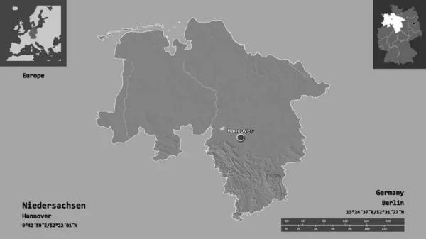ニーダーザクセン州 ドイツの州とその首都の形 距離スケール プレビューおよびラベル 標高マップ 3Dレンダリング — ストック写真