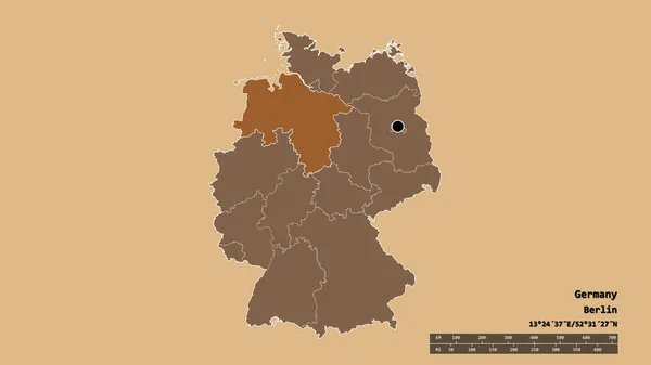 Desaturerad Form Tyskland Med Dess Huvudstad Huvudsakliga Regionala Uppdelning Och — Stockfoto