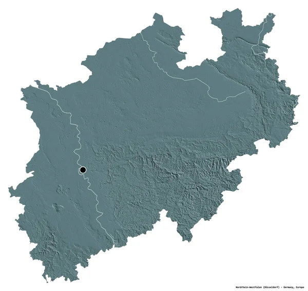 ドイツのノルドライン ヴェストファーレン州の形で 首都は白い背景に孤立している 色の標高マップ 3Dレンダリング — ストック写真