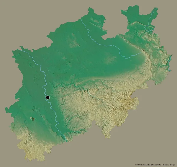 ドイツのノルトライン ヴェストファーレン州の形で その首都はしっかりとした色の背景に隔離されています 地形図 3Dレンダリング — ストック写真