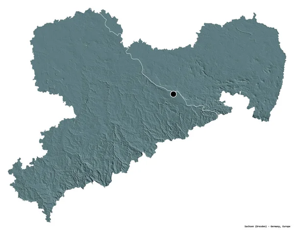 ドイツのザクセン州の形で その首都は白い背景に隔離されています 色の標高マップ 3Dレンダリング — ストック写真