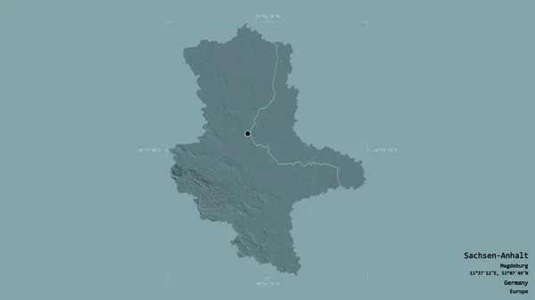 ドイツのザクセン アンハルト州の地域は 洗練された境界線の箱の中にしっかりとした背景に隔離されています ラベル 色の標高マップ 3Dレンダリング — ストック写真