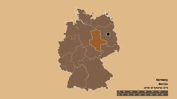 Desaturerad Form Tyskland Med Dess Huvudstad Huvudsakliga Regionala Indelning Och — Stockfoto