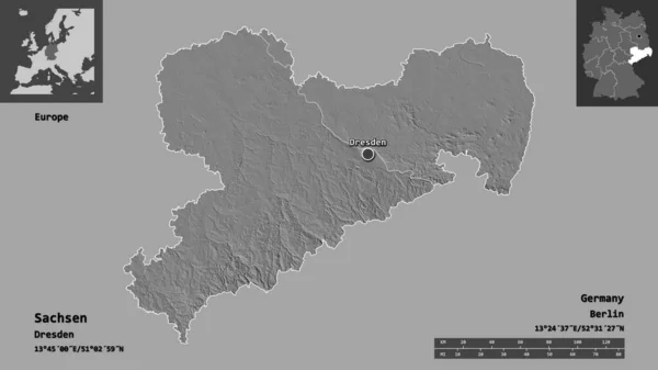 サクセンの形 ドイツの状態 およびその首都 距離スケール プレビューおよびラベル 標高マップ 3Dレンダリング — ストック写真