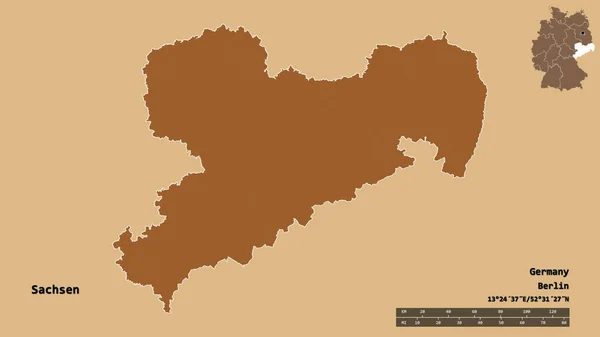 萨克森的形状 德国的州 它的首都孤立的坚实的背景 距离尺度 区域预览和标签 图形纹理的组成 3D渲染 — 图库照片