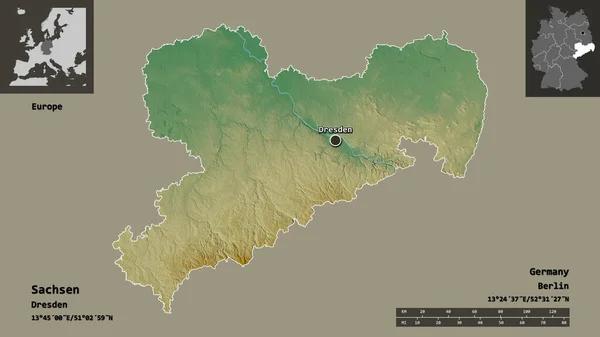 萨克森的形状 德国的州 它的首都 距离刻度 预览和标签 地形浮雕图 3D渲染 — 图库照片