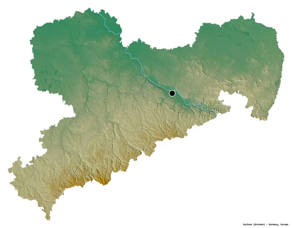 萨克森的形状 德国的州 其首都被白色背景隔离 地形浮雕图 3D渲染 — 图库照片