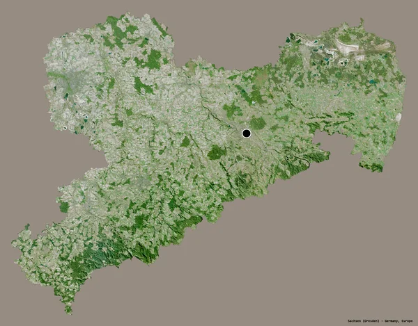 萨克森的形状 德国的一个州 它的首都孤立在一个坚实的色彩背景 卫星图像 3D渲染 — 图库照片