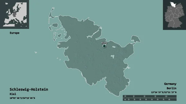 シュレースヴィヒ ホルシュタイン州の形 ドイツの州 およびその首都 距離スケール プレビューおよびラベル 色の標高マップ 3Dレンダリング — ストック写真