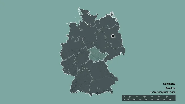 德国以首都 主要区域分部和分离的图林根地区为首都的经济形势严峻 彩色高程图 3D渲染 — 图库照片