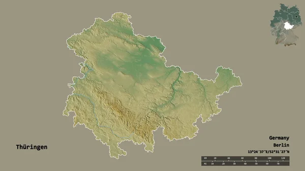 ドイツのテューリンゲン州の形で その首都はしっかりとした背景に隔離されています 距離スケール リージョンプレビュー およびラベル 地形図 3Dレンダリング — ストック写真