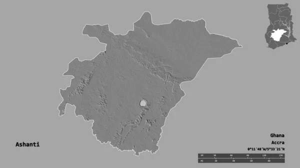 ガーナの領域であるアシャンティの形で その首都はしっかりとした背景に隔離されています 距離スケール リージョンプレビュー およびラベル 標高マップ 3Dレンダリング — ストック写真