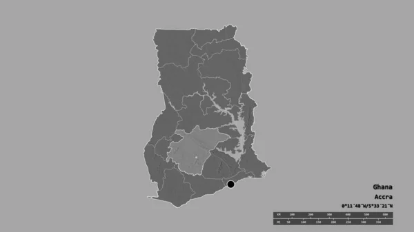 主要な地域部門と分離されたアシャンティ地域とガーナの荒廃した形 ラベル 標高マップ 3Dレンダリング — ストック写真