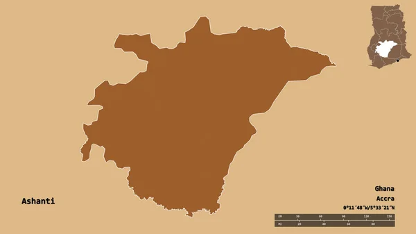 Kształt Ashanti Regionu Ghany Stolicą Odizolowaną Solidnym Tle Skala Odległości — Zdjęcie stockowe