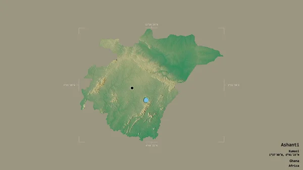 ガーナの地域であるアシャンティの地域は 洗練された境界ボックス内の強固な背景に隔離されています ラベル 地形図 3Dレンダリング — ストック写真