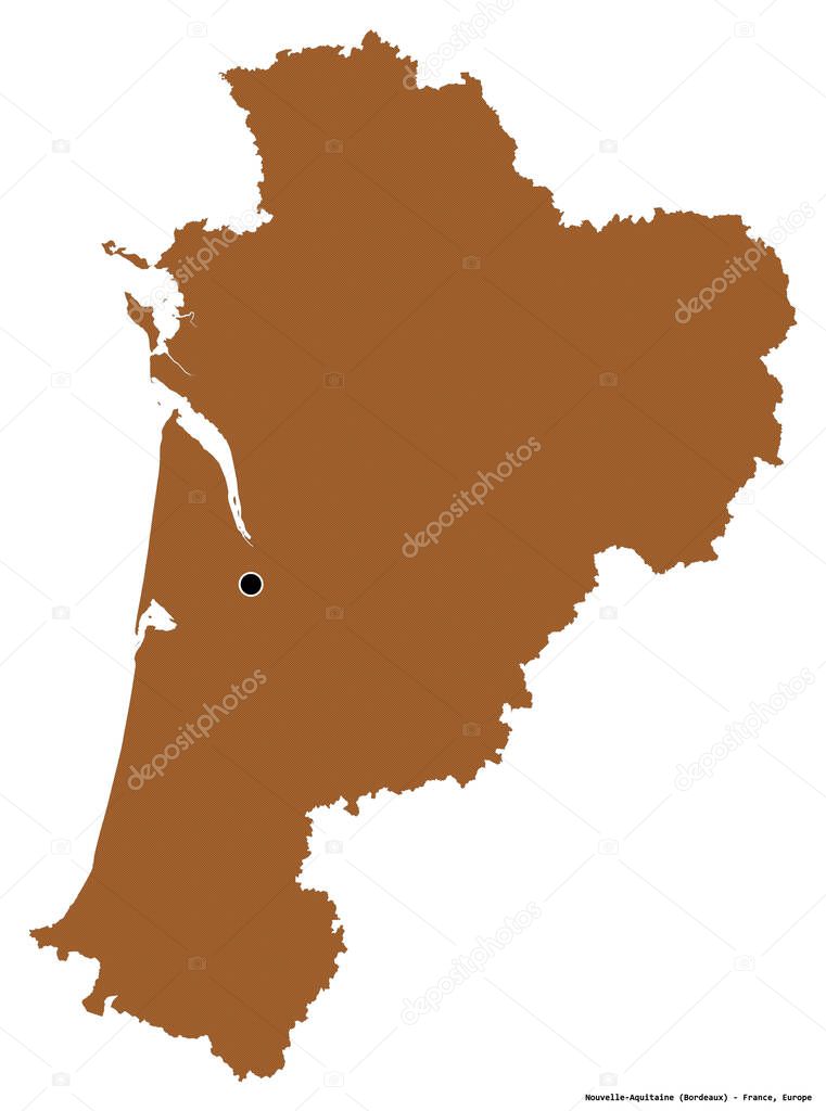 Shape of Nouvelle-Aquitaine, region of France, with its capital isolated on white background. Composition of patterned textures. 3D rendering