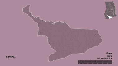 Merkez 'in şekli, Gana bölgesi, sermayesi sağlam arka planda izole edilmiş. Uzaklık ölçeği, bölge önizlemesi ve etiketleri. Renkli yükseklik haritası. 3B görüntüleme