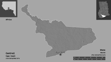 Merkezin şekli, Gana bölgesi ve başkenti. Uzaklık ölçeği, ön gösterimler ve etiketler. Çift seviyeli yükseklik haritası. 3B görüntüleme