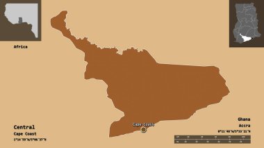 Merkezin şekli, Gana bölgesi ve başkenti. Uzaklık ölçeği, ön gösterimler ve etiketler. Desenli dokuların bileşimi. 3B görüntüleme