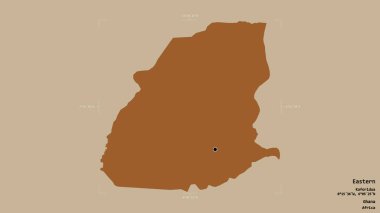 Doğu bölgesi, Gana bölgesi, katı bir arka planda izole edilmiş bir sınır kutusu. Etiketler. Desenli dokuların bileşimi. 3B görüntüleme