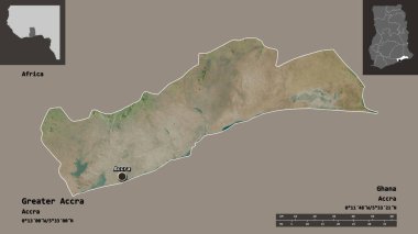 Büyük Accra 'nın şekli, Gana bölgesi ve başkenti. Uzaklık ölçeği, ön gösterimler ve etiketler. Uydu görüntüleri. 3B görüntüleme