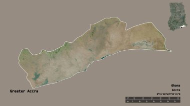 Büyük Accra 'nın şekli, Gana bölgesi, sermayesi sağlam arka planda izole edilmiş. Uzaklık ölçeği, bölge önizlemesi ve etiketleri. Uydu görüntüleri. 3B görüntüleme
