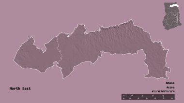 Kuzeydoğu 'nun şekli, Gana bölgesi, başkenti katı bir zemin üzerinde izole edilmiş. Uzaklık ölçeği, bölge önizlemesi ve etiketleri. Renkli yükseklik haritası. 3B görüntüleme