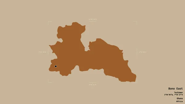 ガーナの地域であるボノ東の地域は 洗練された境界ボックス内の強固な背景に隔離されています ラベル パターン化されたテクスチャの構成 3Dレンダリング — ストック写真